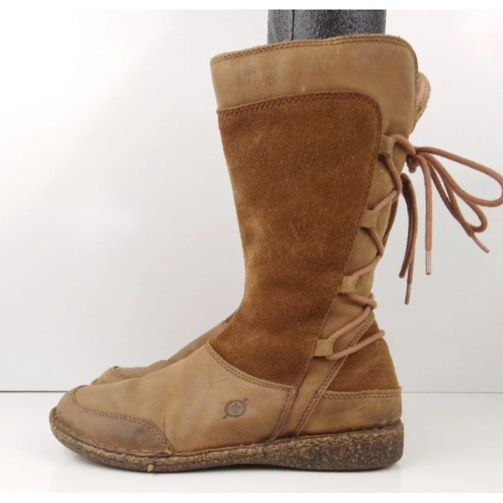 Born Bailie Mid Calf Leather Lace Back Moccasin Boots Size 4